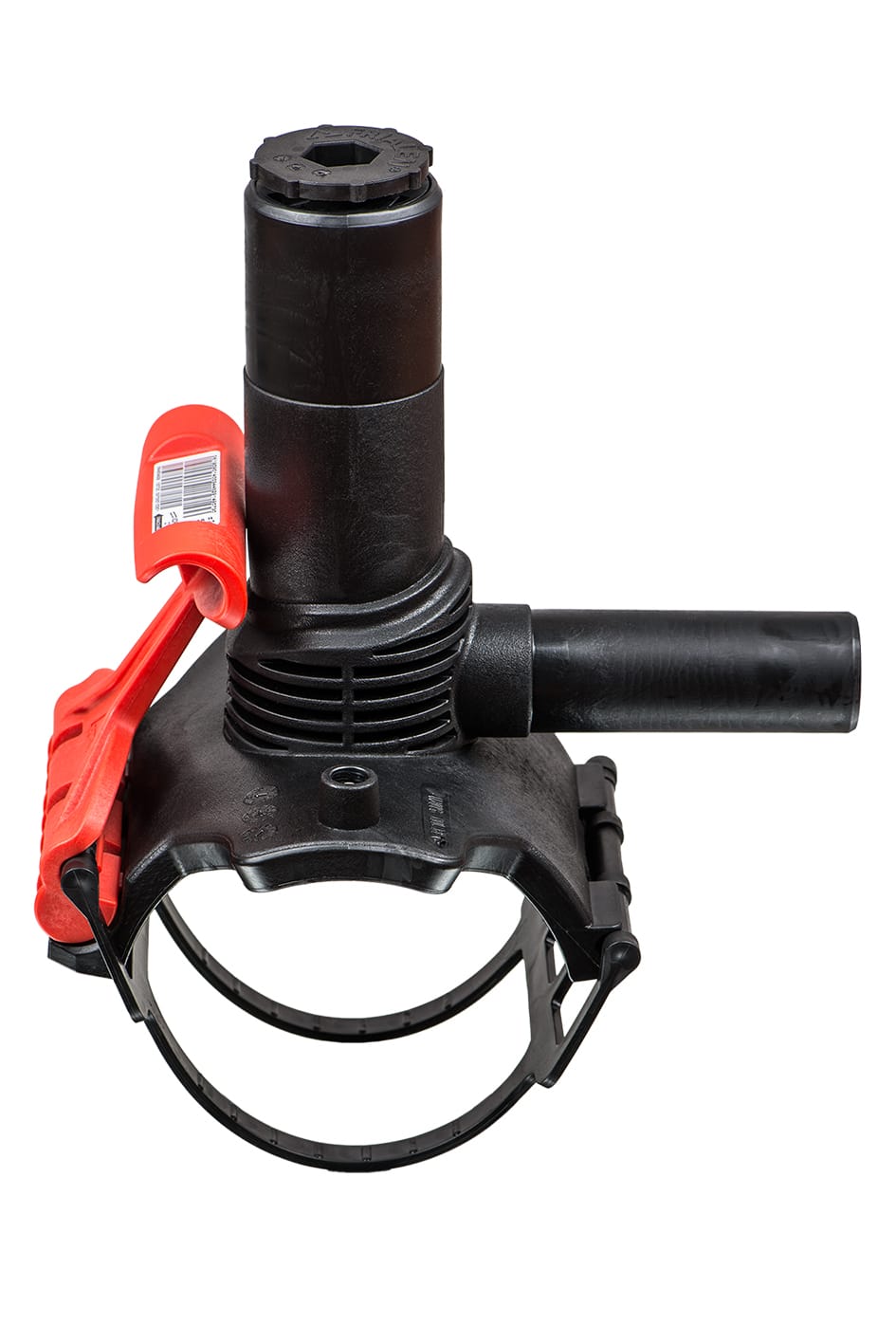 Black plastic valve or connector with a prominent red lever, featuring a circular hose clamp and vertical cylindrical stem, likely a quick-release hose/pipe fitting.