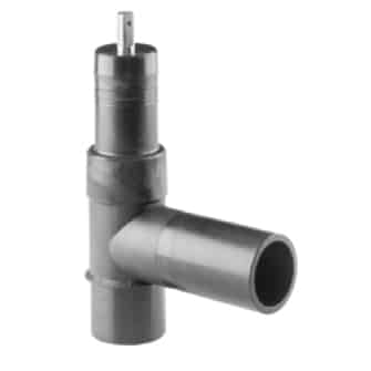 Metal T-shaped pipe fitting with a vertical valve stem and a horizontal outlet, used to control water flow.