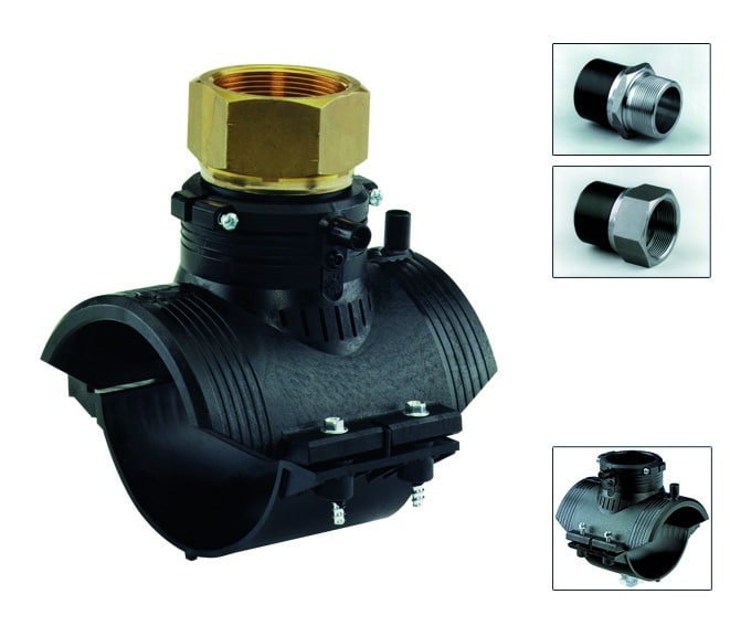 Large industrial valve assembly with a brass union nut on top, black body, and mounting bolts; inset shows two threaded fittings.