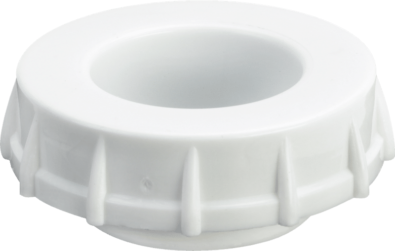 White plastic ring with a hollow center and vertical ribs around the outer edge.