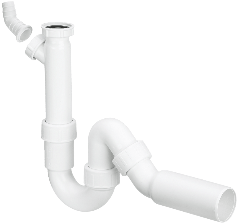 White PVC sink drain trap assembly with curved joints and connector fittings