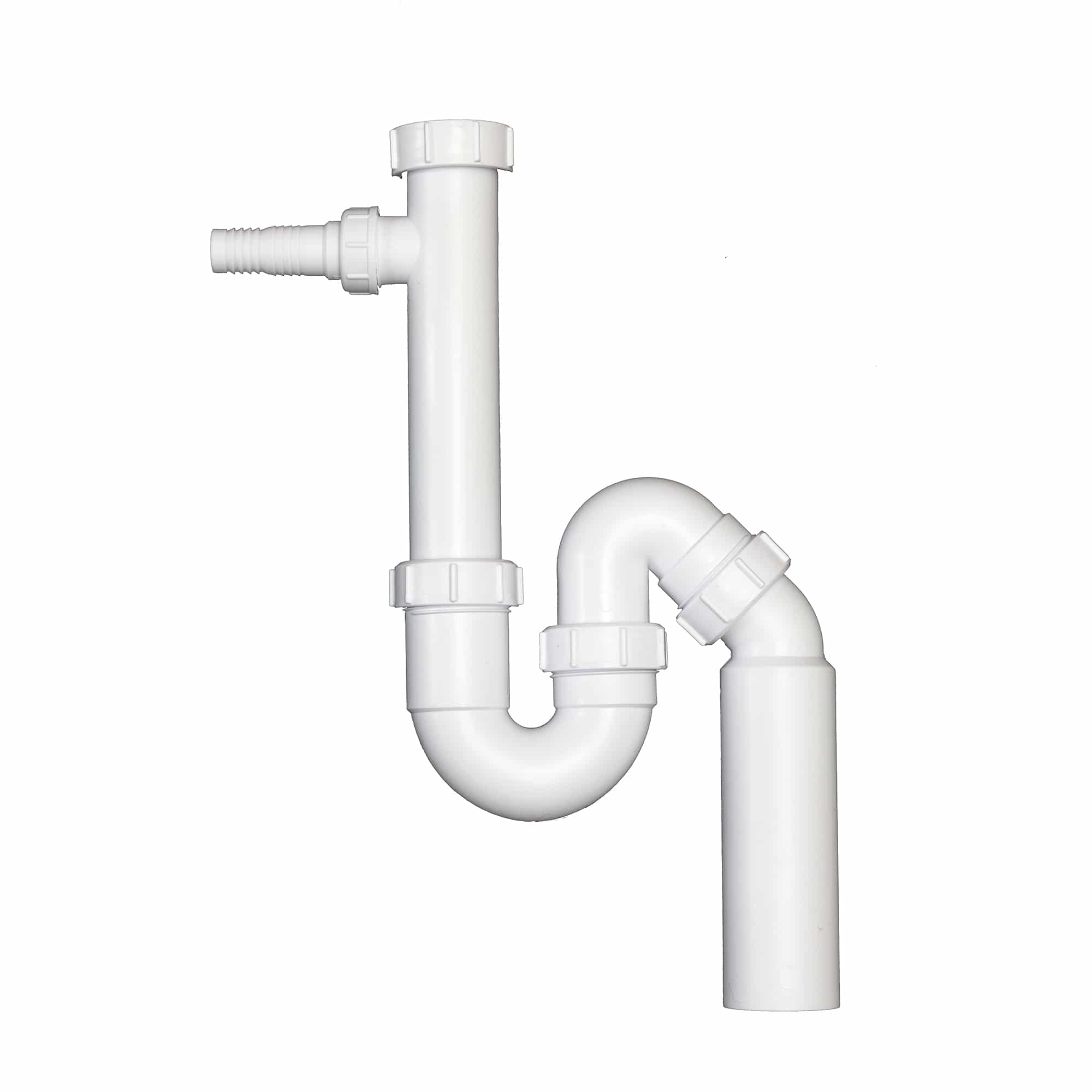 Close-up of white PVC plumbing pipes with 90-degree elbow and compression fittings
