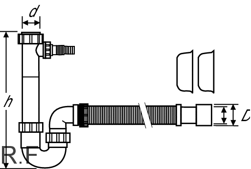 Line drawing of a sink drain assembly showing a vertical waste pipe, P-trap, curved elbow, and a flexible hose with threaded fittings; labels d, h, and L denote diameter, height, and length.