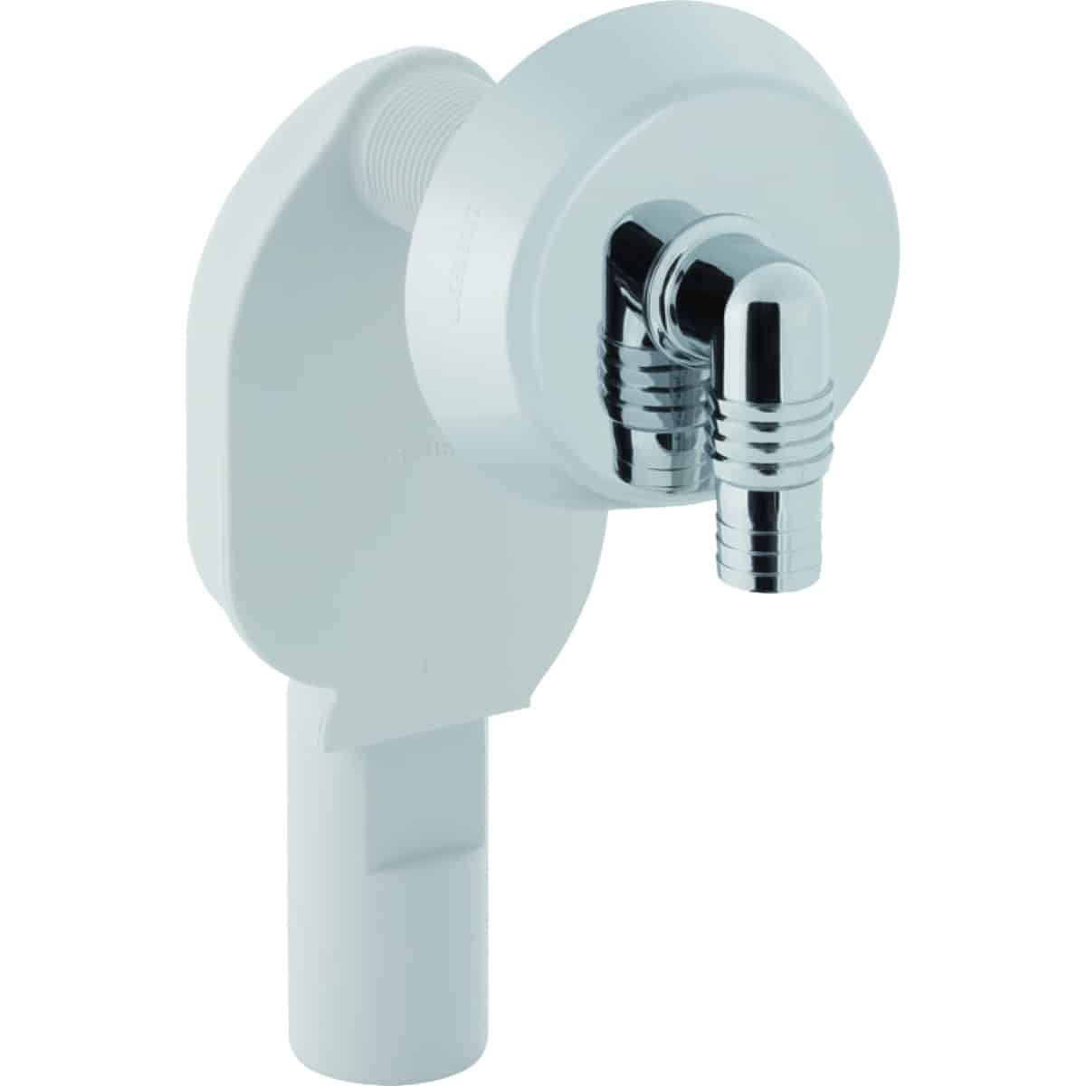 White wall-mounted shower valve with a chrome 90-degree elbow and threaded hose connector