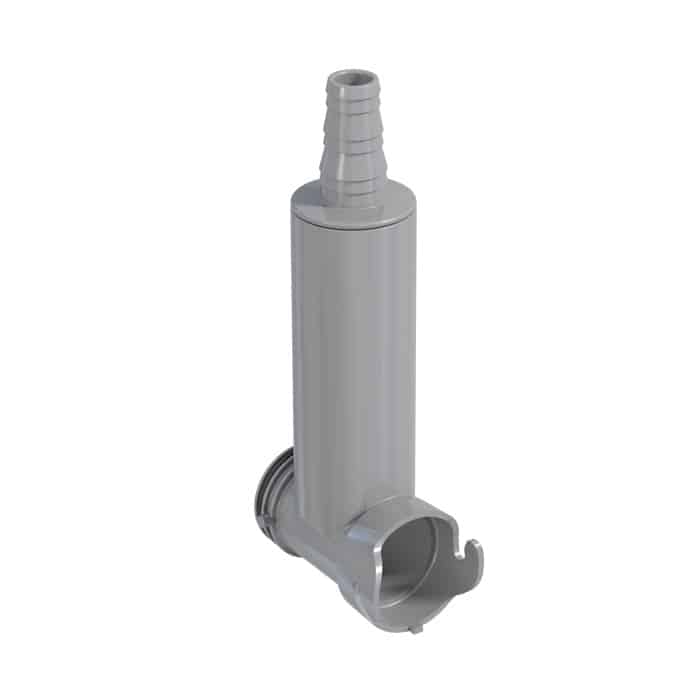 Gray plastic cylindrical valve/fitting with ribbed threaded outlet at the top and a bottom circular clip/mounting clamp