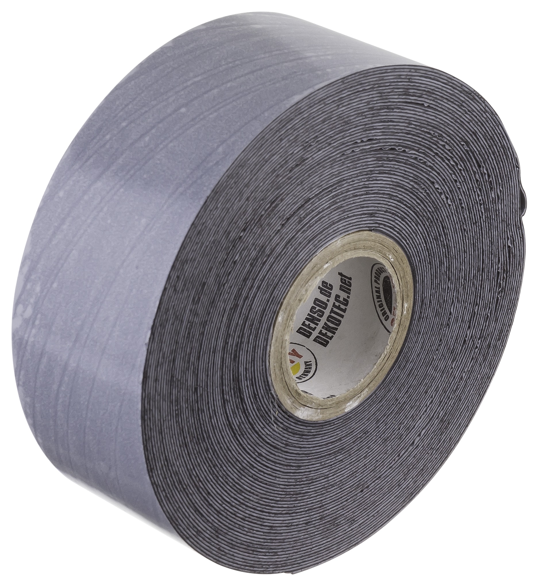 Close-up of a gray duct tape roll viewed from the side, showing layered concentric circles and a brown cardboard core.