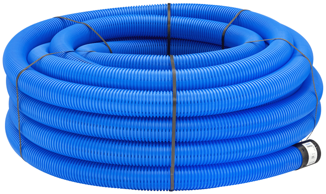Blue coiled corrugated air hose, secured with straps, with a connector on one end.