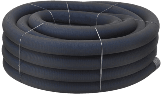 Coiled black flexible industrial hose tied with white straps