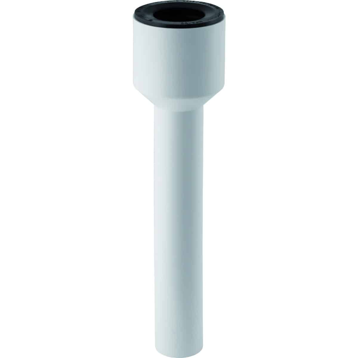 White cylindrical plastic tool with a wider top and a black ring at the top, resembling a lab adapter or pipette accessory