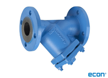kg-9125016-1791279 » Kloakgods Blue Y-pattern valve (Y-strainer) with flanged ends and bolted side cover, for inline filtration in piping systems.