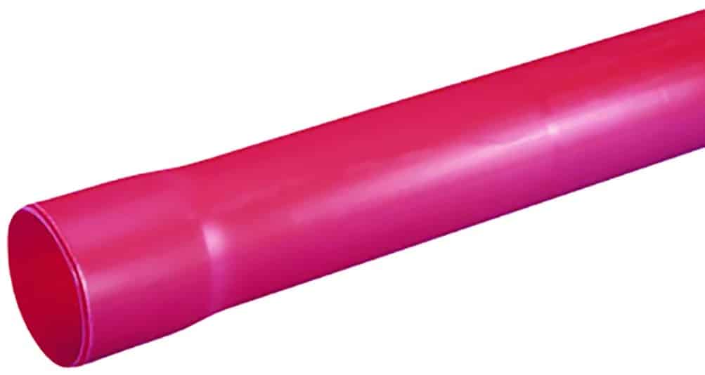 Bright pink hollow cylinder (plastic pipe) seen at an angle against a white backgroundes