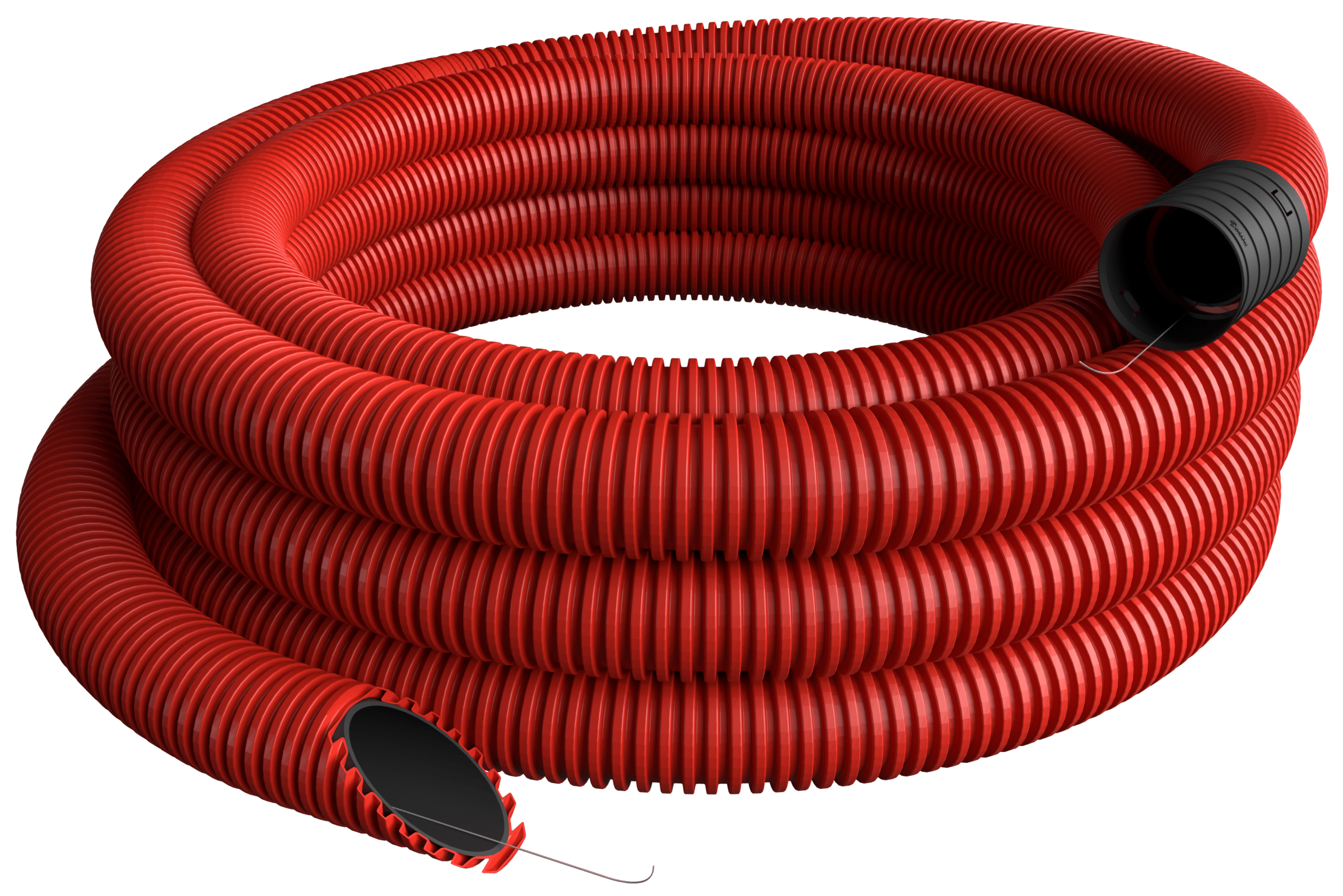 Red corrugated hose coiled in loops with black end fittings on a black background, close-up view.