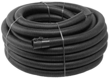 Coiled black corrugated flexible hose tied with straps and coiled into a circle.