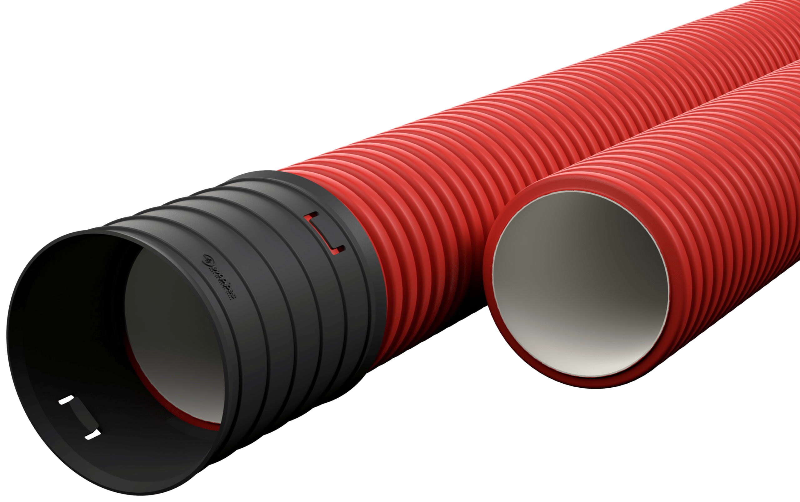 Red corrugated hose with a black connector at one end, diagonally across the frame.