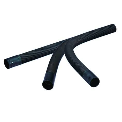 Three black corrugated flexible hoses overlapping in a curved arrangement, ribbed exterior and open ends visible.