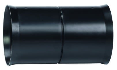 Black cylindrical metal tube composed of two joined sections, open at the left end.