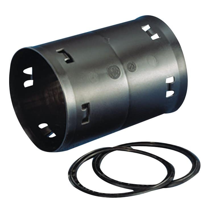 Metal cylindrical shaft adapter with rectangular mounting slots and two rubber O-rings beside it.