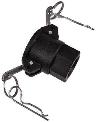 Black plastic cord strain-relief/connector block with two metal wire end-ties attached, used to secure and guide a cable