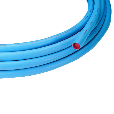 Blue coiled hose with a red end connector on a white background.