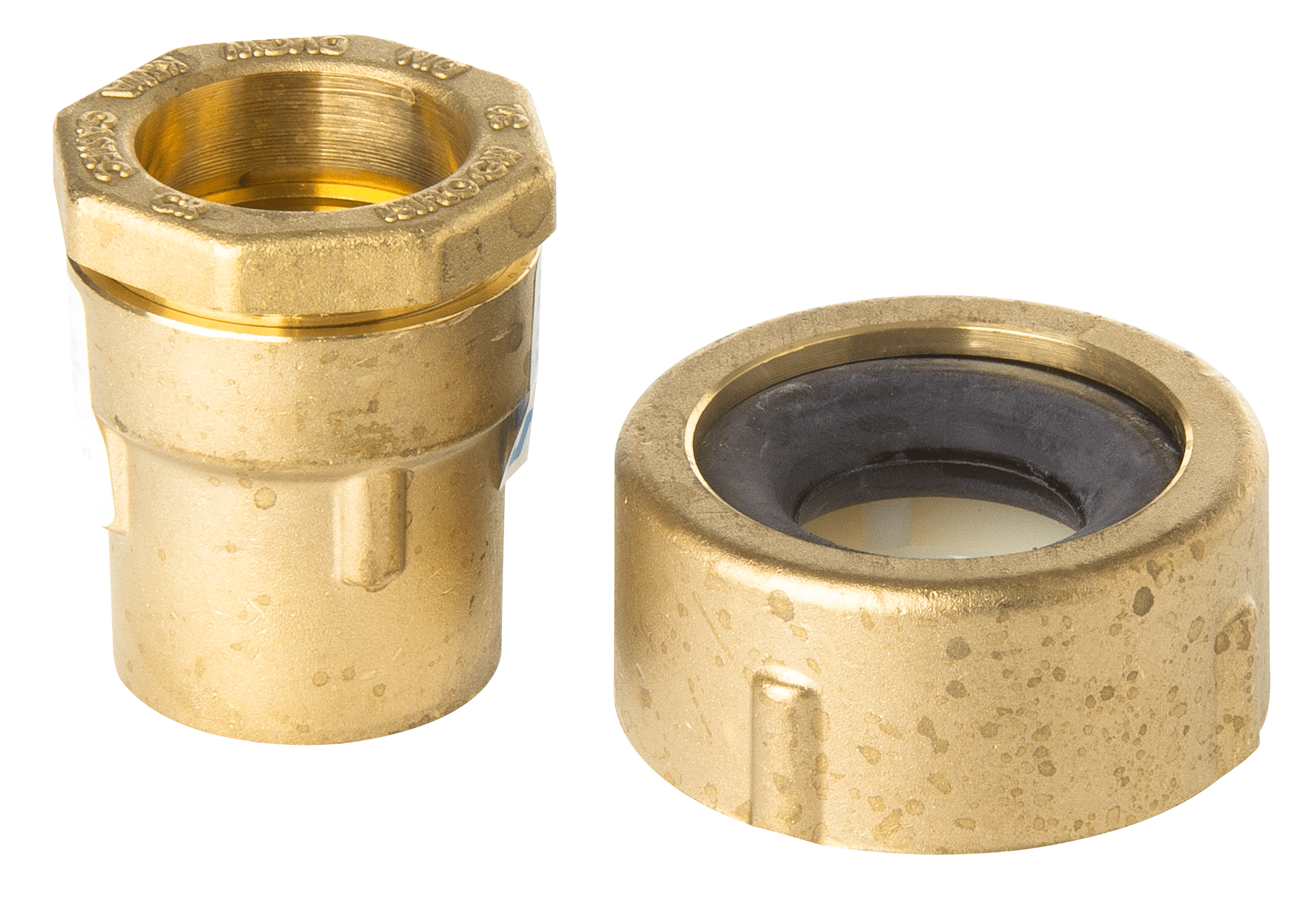Close-up of two brass plumbing fittings with threaded interior and rubber gasket visible inside one end.