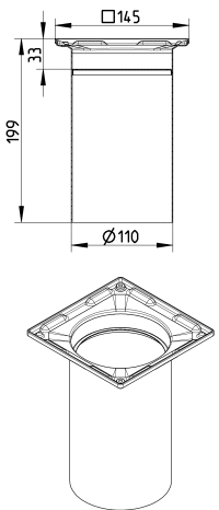 Technical drawing of a cylindrical pipe with a square mounting flange: side view shows 199 mm total height, Ø110 bore, flange 145 mm wide and 33 mm thick; top view shows square flange with circular bore and corner mounting holes.