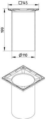 Technical diagram of a cylindrical pedestal with a square diamond-shaped mounting plate on top; plate 145 mm wide, height 199 mm, bottom Ø110 mm, central opening.