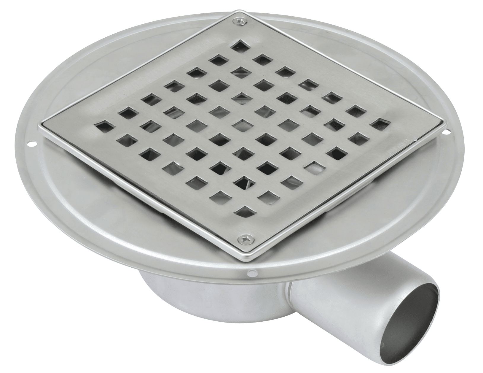 Floor drain with a square perforated metal grate set into a circular metal base; used for drainage.