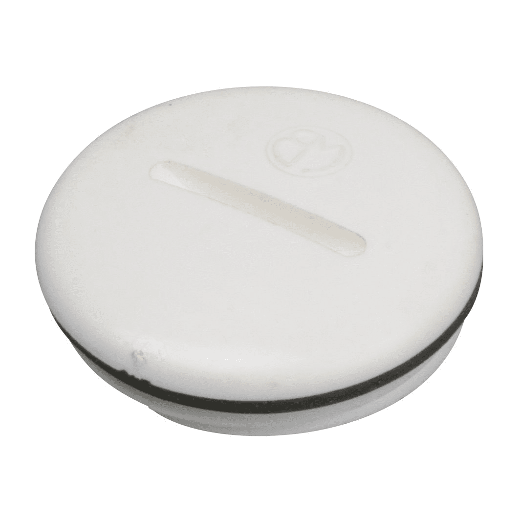Round white plastic disc with a shallow horizontal slot across the center and a small embossed circular logo on the top surface