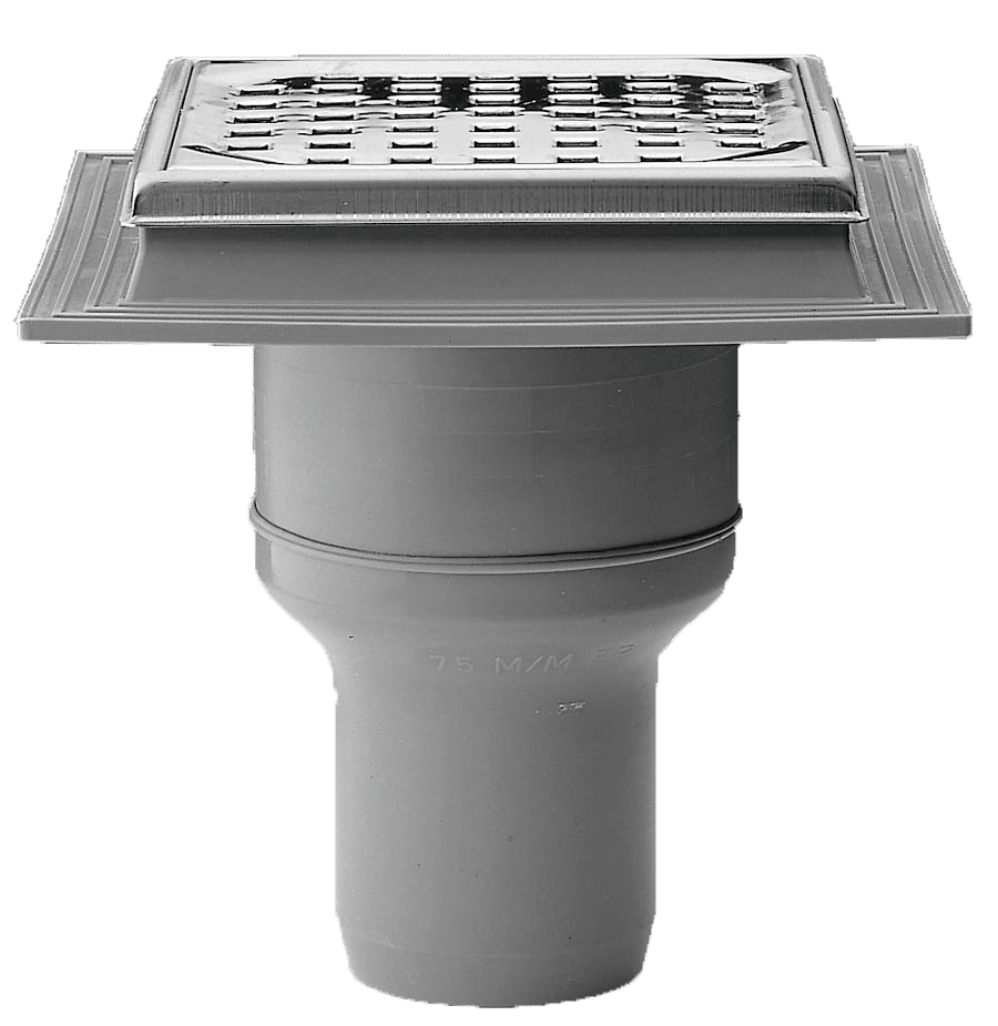Metal roof drain with a perforated strainer and cylindrical base (gray/grayscale image).