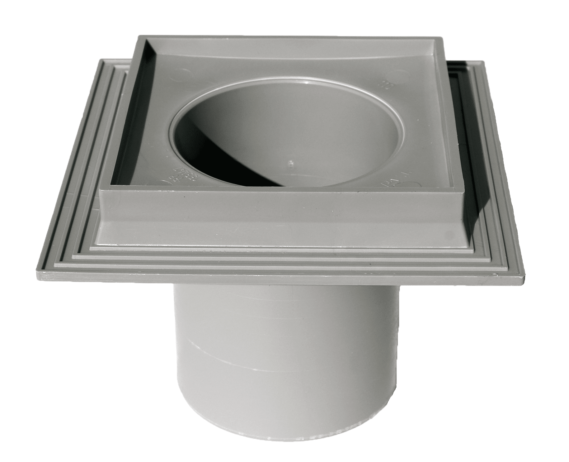 Gray plastic floor drain assembly with a square frame surrounding a circular opening and a vertical cylindrical outlet.