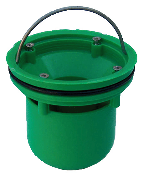 Green plastic circular lid with a metal handle, showing screws and a rubber gasket, likely a pipe access cap or cleanout lid