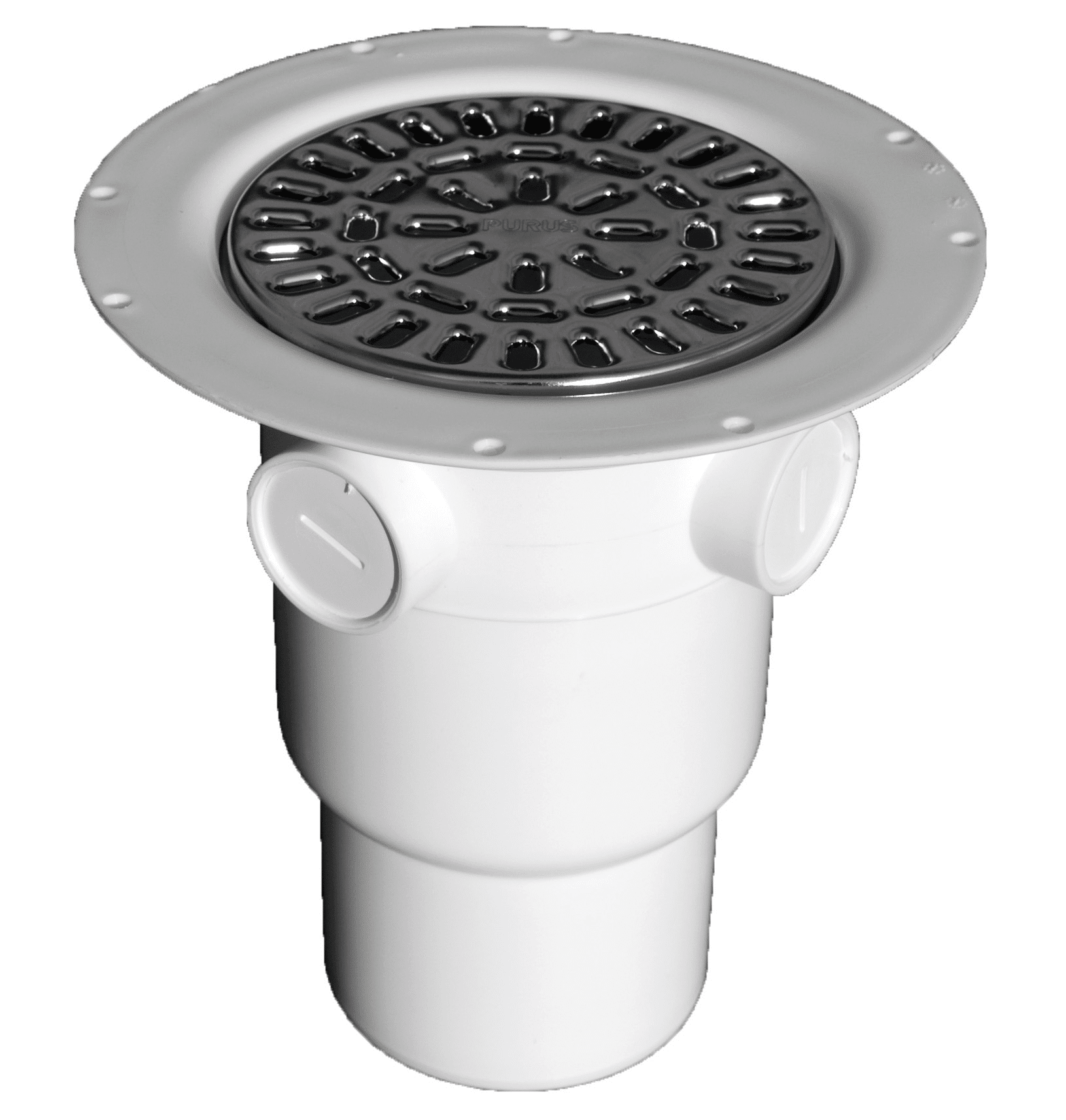 Close-up of a round metal drain grate with a white plastic pipe base.