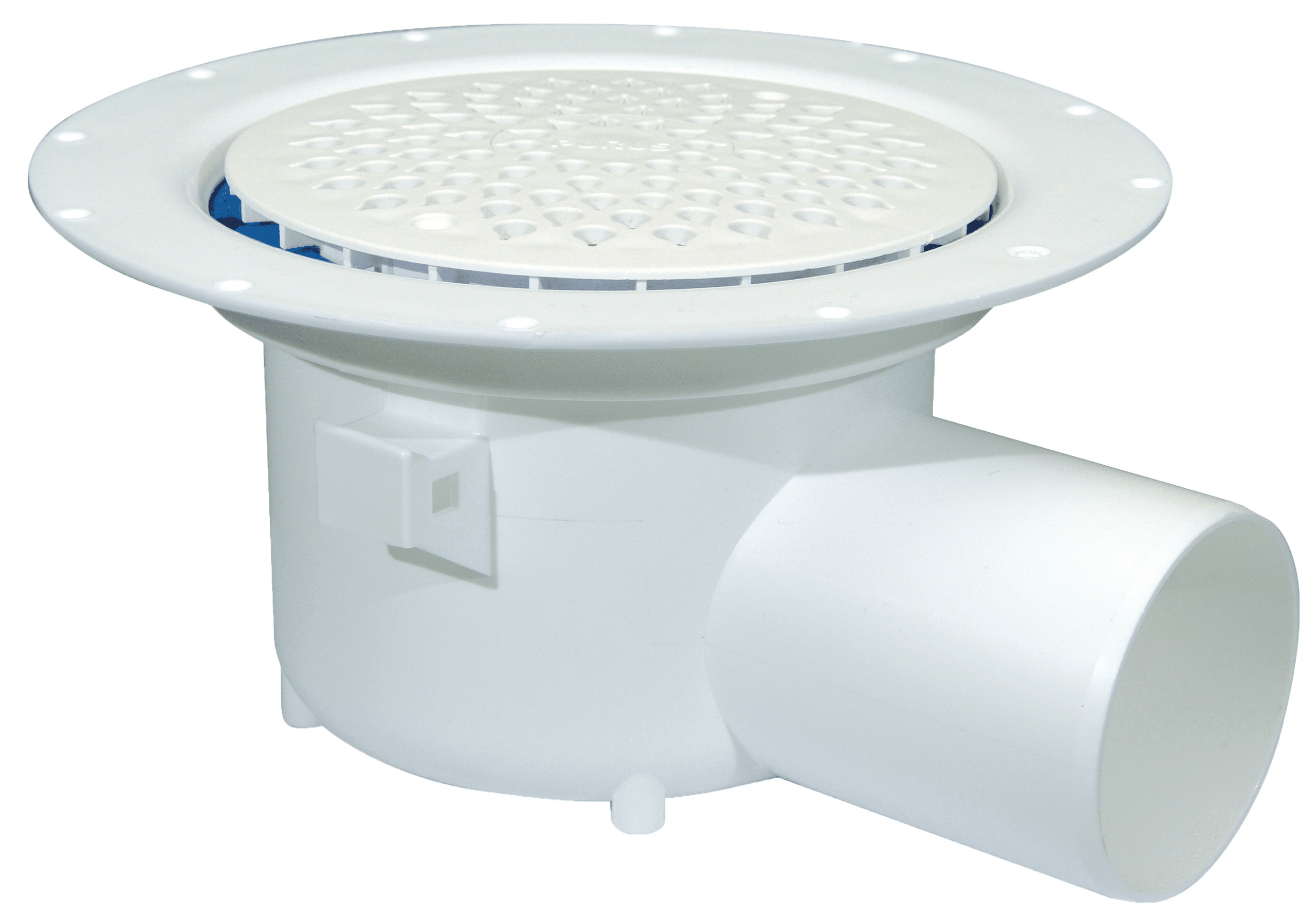 White circular floor drain with a perforated overlying grate and white housing, seen from the side.
