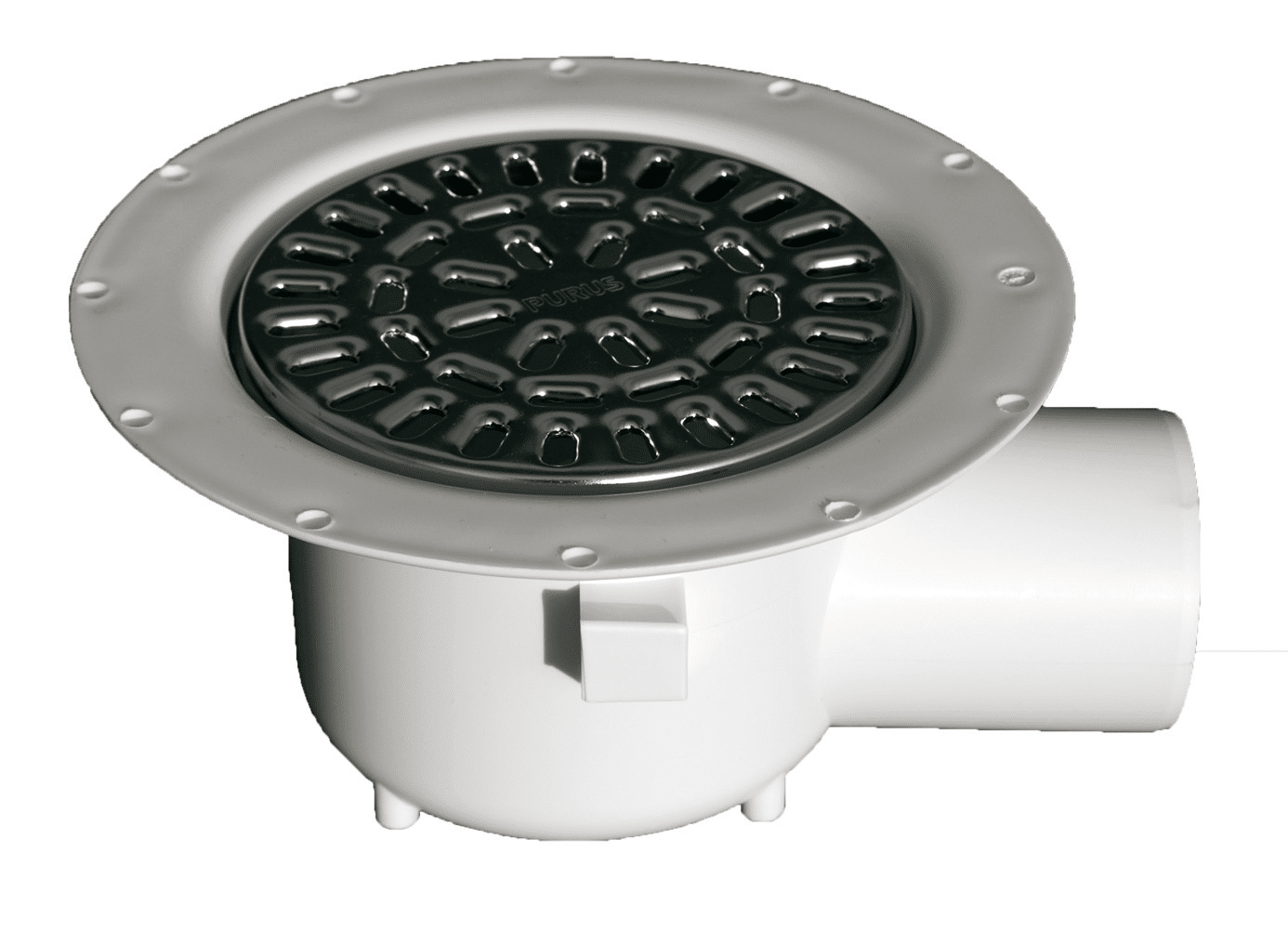 Circular floor drain with a metal perforated grate and white plastic base.