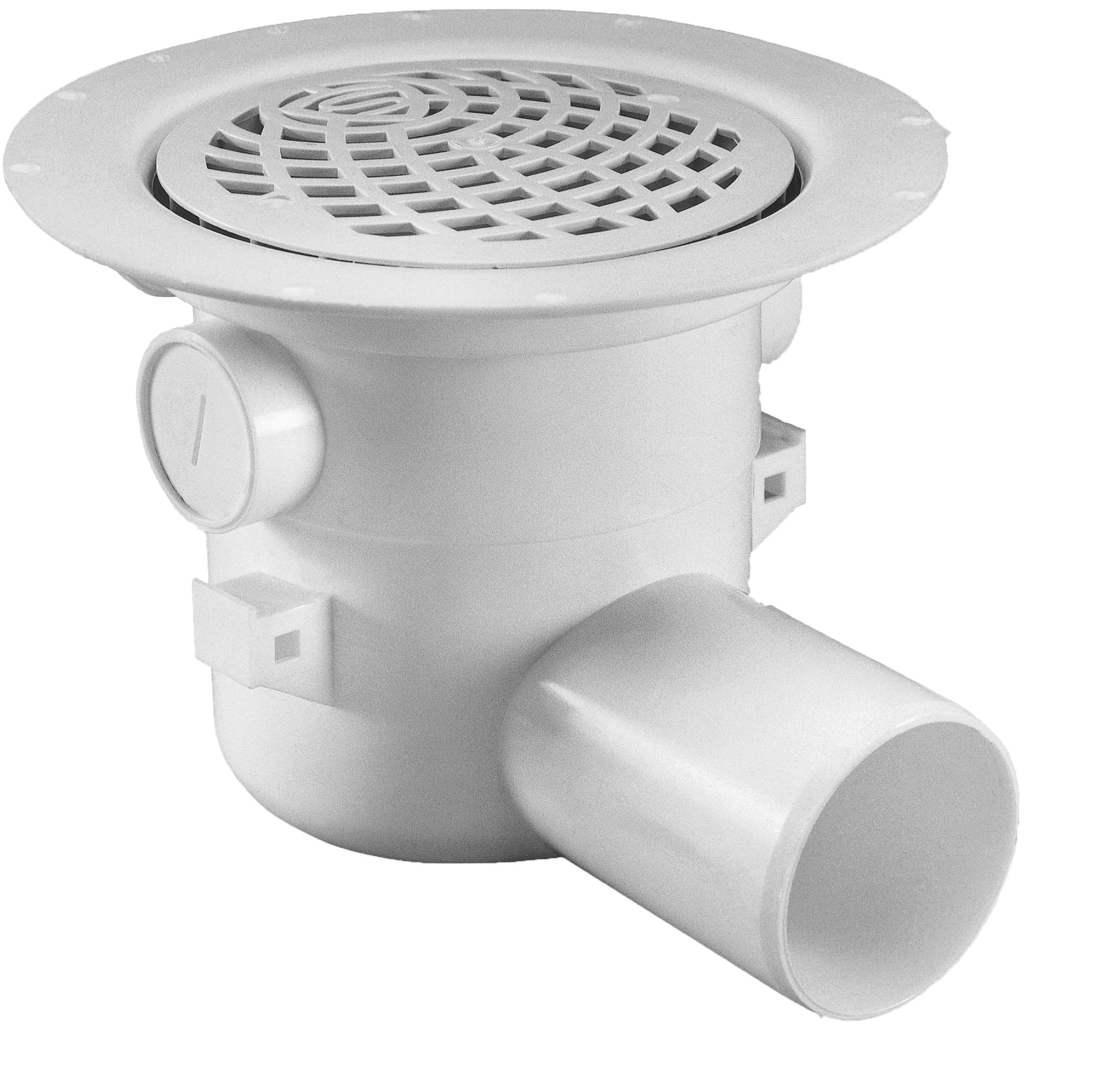 White plastic floor drain with circular, grid-patterned grate and cylindrical body visible from the side