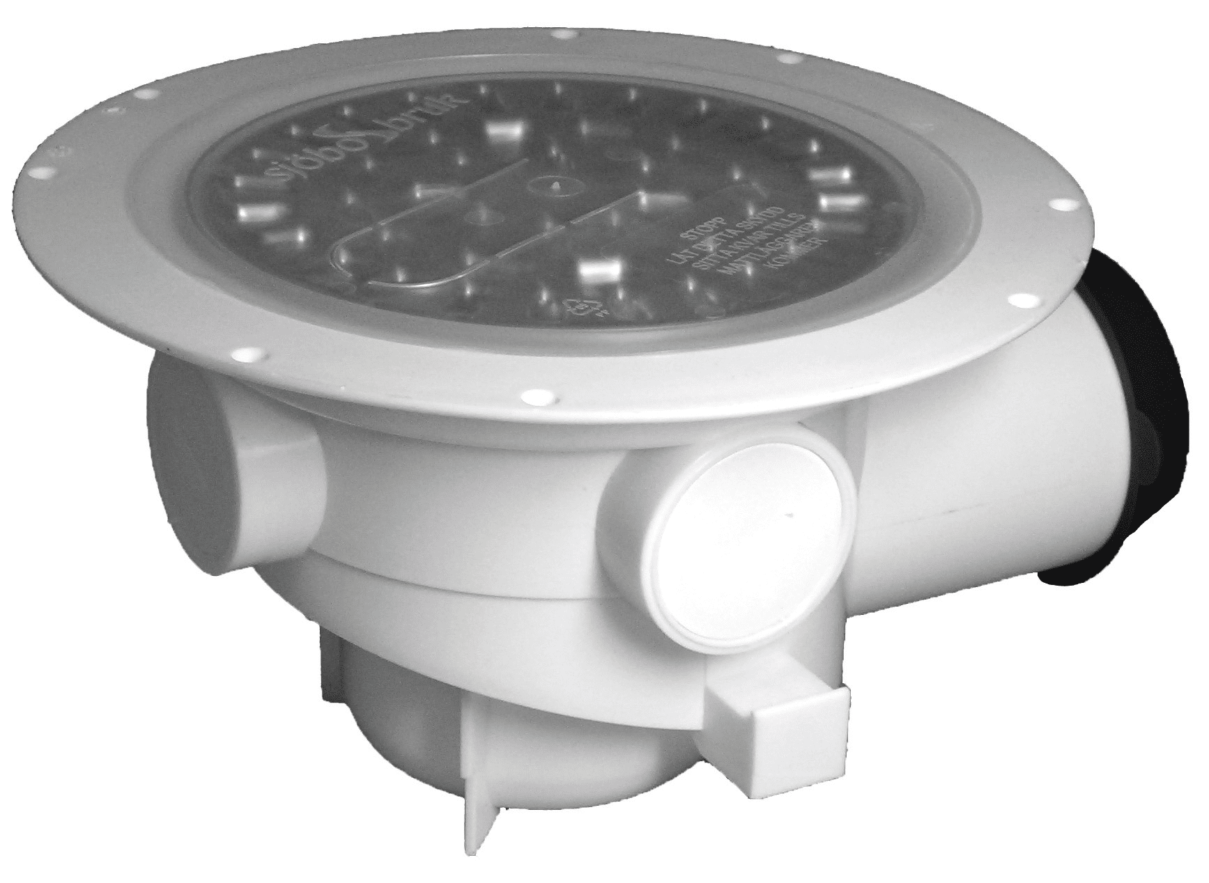 Circular pool light housing with a clear lens and screw-fastened rim, shown from a side angle