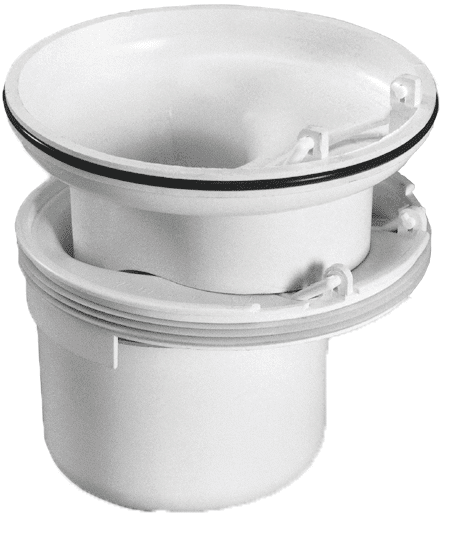 White plastic toilet flange with rubber gasket and locking ring, used to connect a toilet to the drain pipe