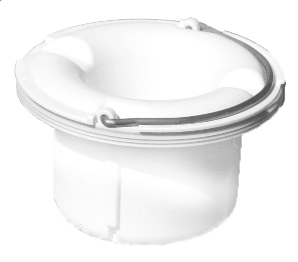 White plastic toilet flange with gasket, viewed from above, showing the circular rim and metal securing band