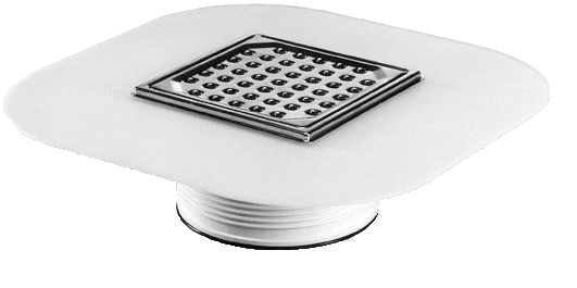 Floor drain with a square perforated metal grate and threaded base on a white background.