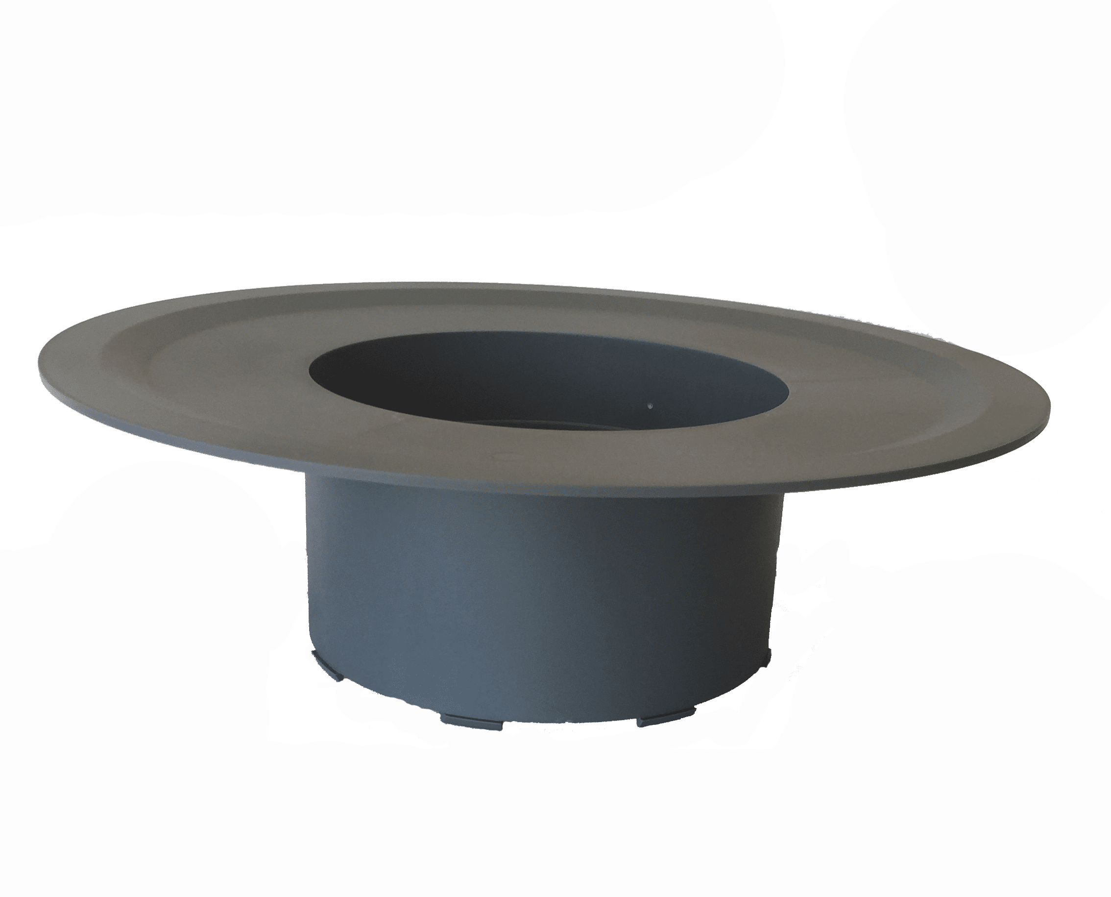 Side view of a dark gray top hat resting on a short pedestal or stand with a wide brim and curved crown.