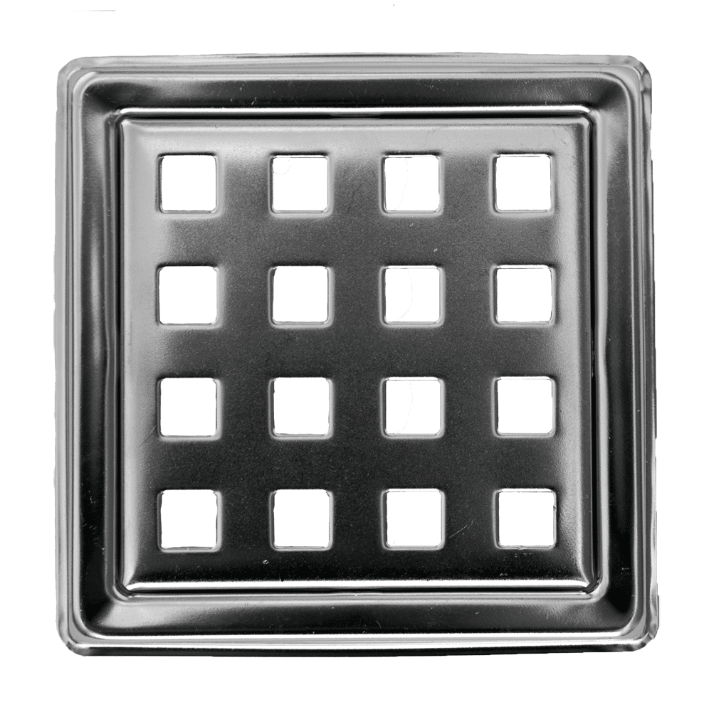 Square metal drain cover with a 4x4 grid of square openings in a recessed frame.