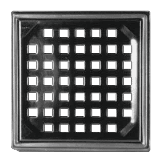 Square metal drain grate with a grid of small square holes on a frame.