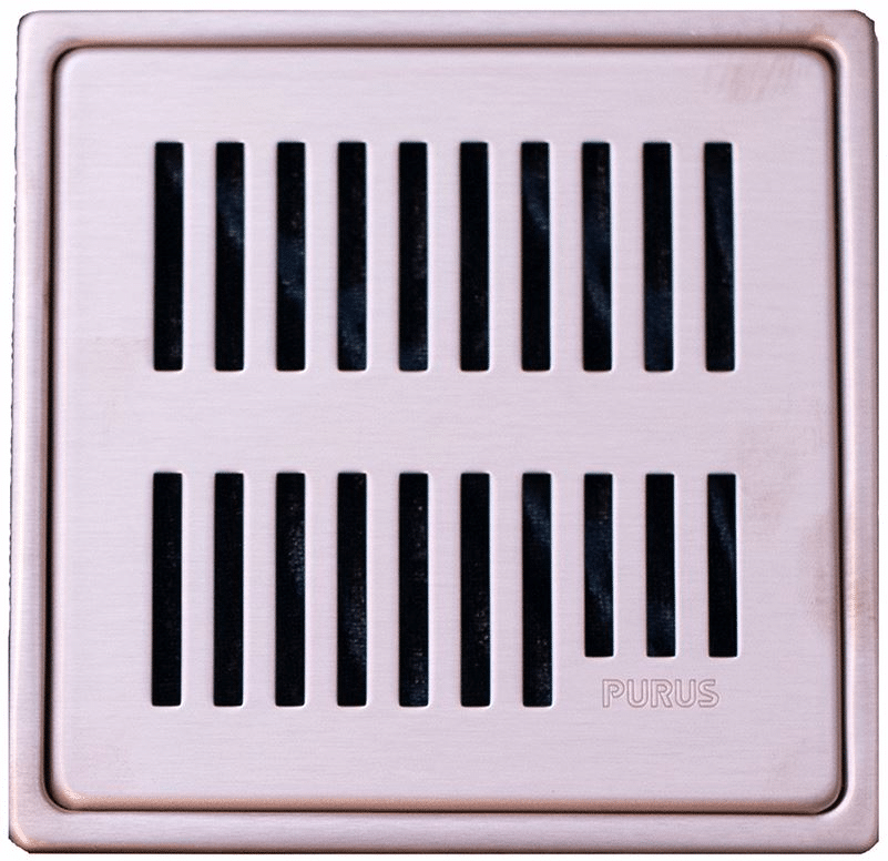 Square brushed-metal vent cover with two rows of vertical black slits (PurUS branding visible)