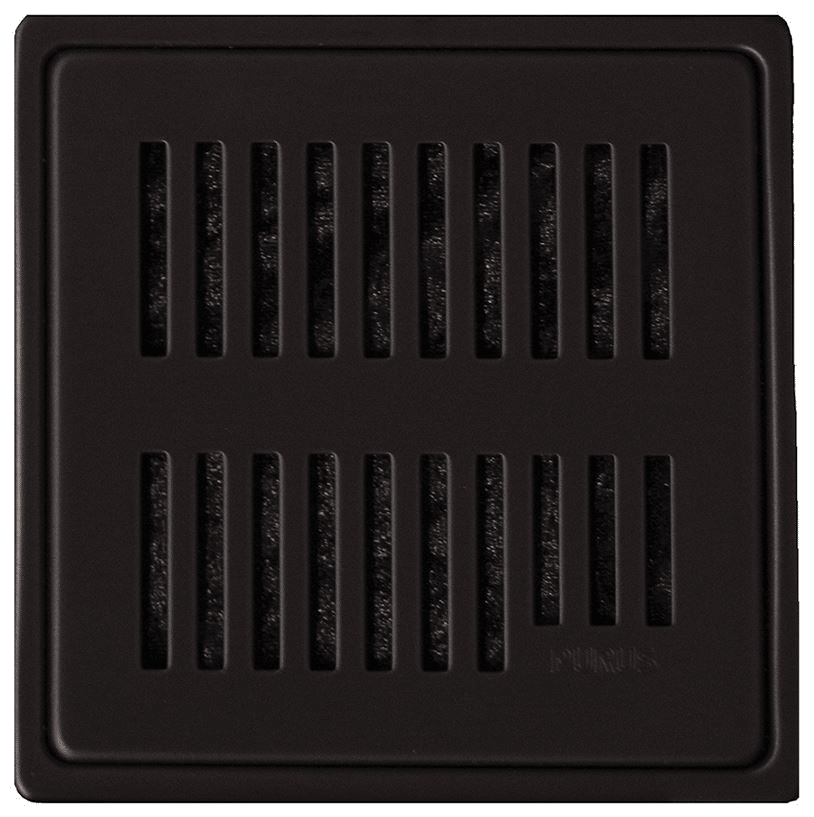 Black square ventilation grille with two rows of vertical slots in the center-mounted cover