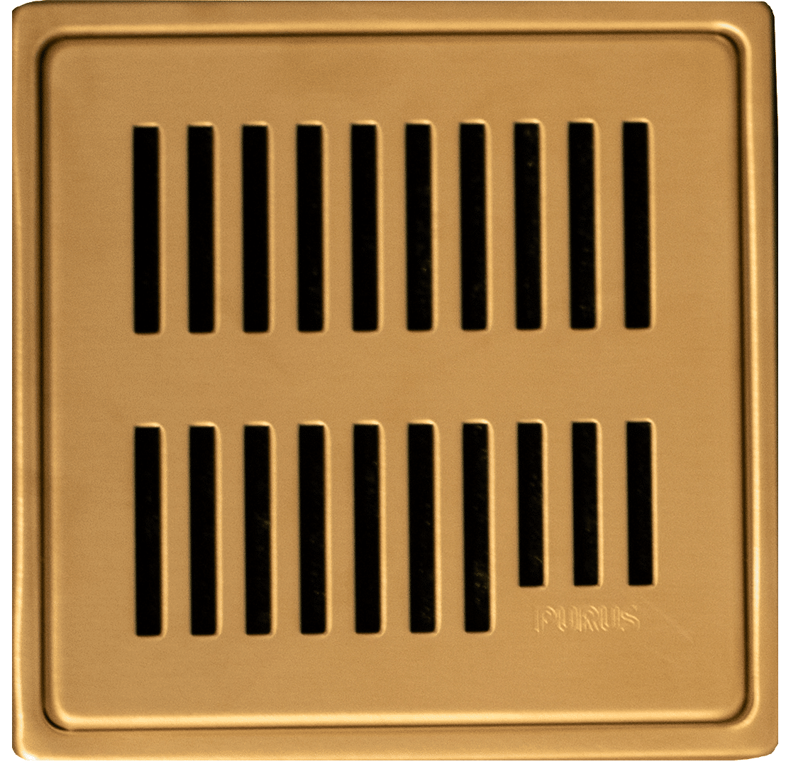 Gold-colored square vent cover with two rows of vertical black slats.