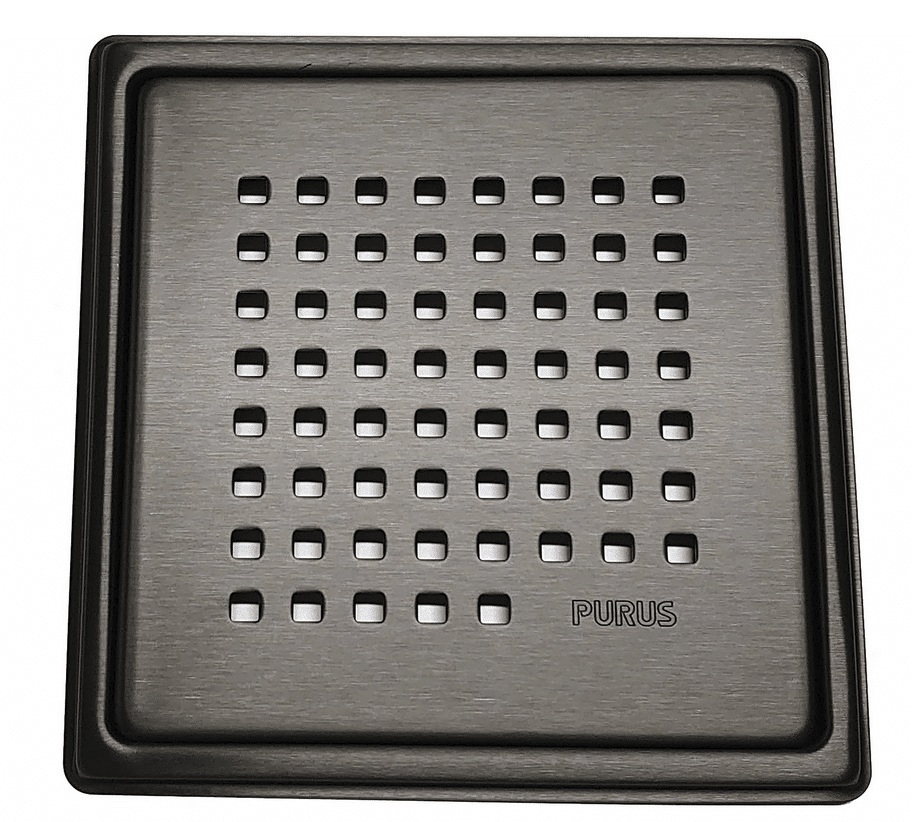 Square perforated metal tray with a recessed border and evenly spaced square holes; brand name PURUS visible on the lower right corner