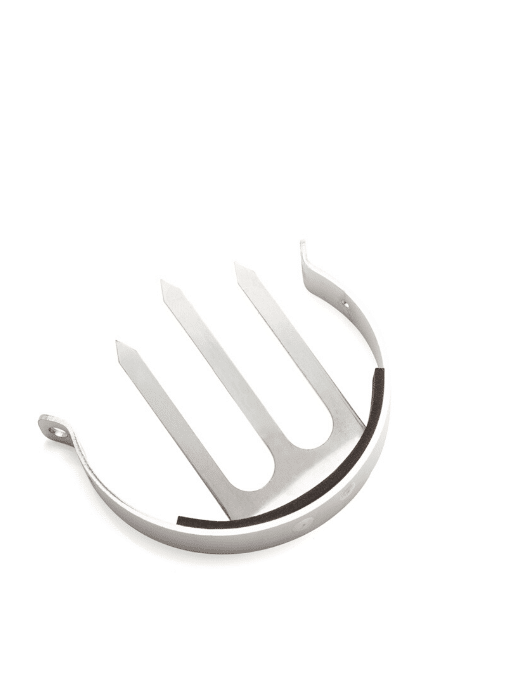 Metal tool with three straight prongs and a curved outer frame, resembling a small trident-like object used as a stand or support.
