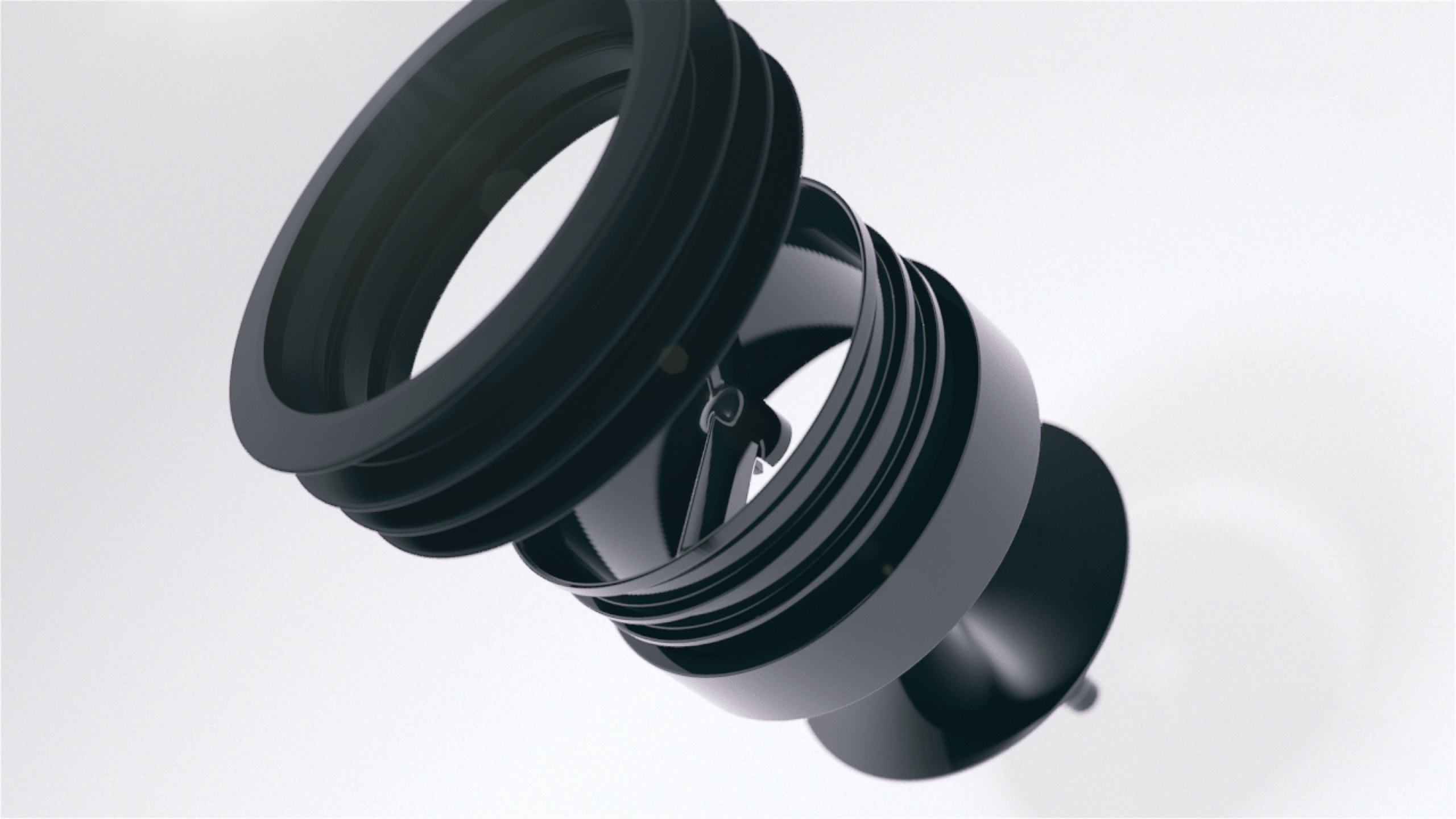 Abstract 3D rendering of black over-ear headphones with metal bands, viewed at an angle from the side