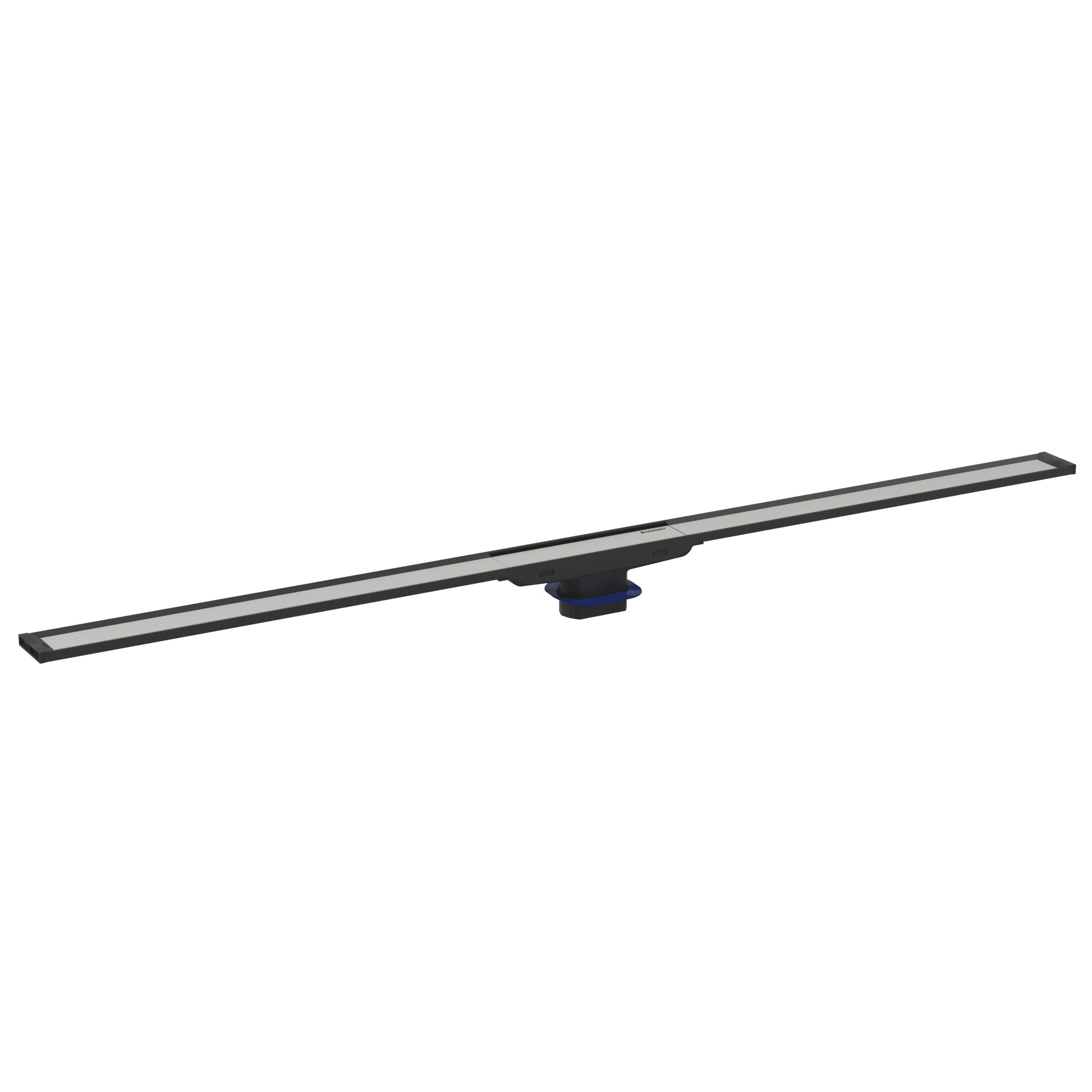 Long ceiling-mounted track system with two parallel rails and a blue mounting block at the end, likely used for hanging curtains or screens.
