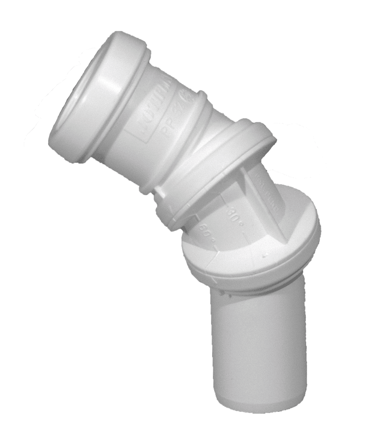 White PVC 90-degree elbow plumbing fitting used to change pipe direction in a drainage system.